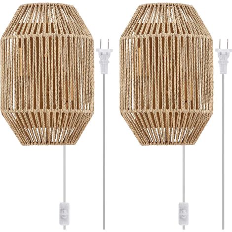 Lot de 2 appliques murales en rotin naturel avec ombre en osier tissé bohème, finition peinture en laiton vieilli, finition peinture pour lavabo, escalier, cheminée, salon, (1/5)