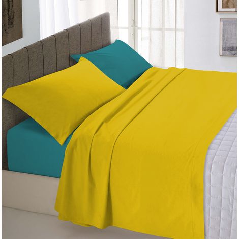Completo letto totalmente realizzato in cotone a tinta unita bicolore Senape/Bottiglia - 1 Piazza e Mezza