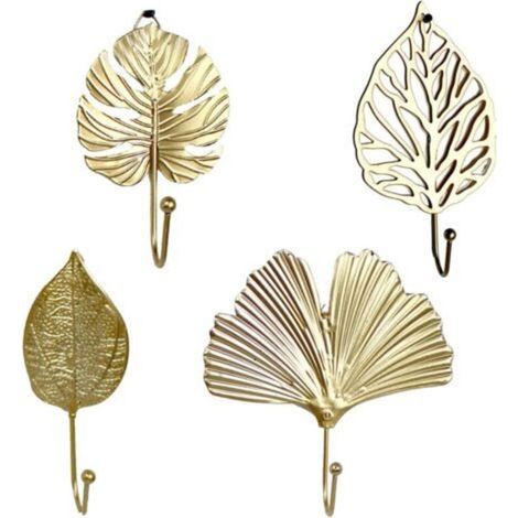 Doré Lot de 4 mini supports muraux en métal avec style feuille pour vêtements, sac à main, écharpe, clés (1/5)