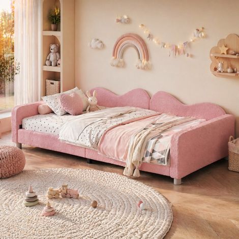 Lit enfant 90x200 en tissu teddy rose, sommier à lattes HAVRYA (1/5)