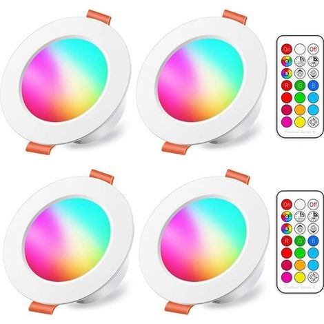 Spots LED Encastré 8W (équivalent 60W) Découpe 68-85mm, Couleur RGB Changement Variation Coloré RGBW IP44 Blanc froid 5700K Rond Encastrables par Télécommande (lot de 4) (1/5)
