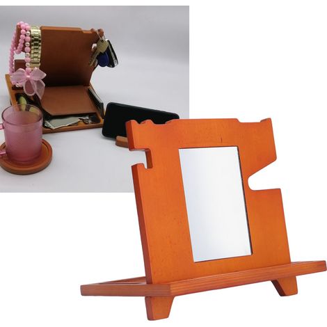 Organiseur de bureau multifonctionnel et créatif, support de rangement en bambou et bois pour portefeuilles et clés, avec miroir et base de chargement (1/5)