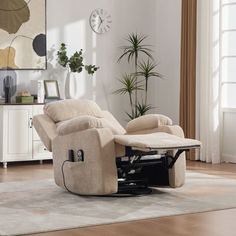 Fauteuil inclinable pivotant 360° électrique : massage,chauffage,dossier/repose-pieds ajustables,poches latérales,porte-gobelets,kaki clair. (1/5)