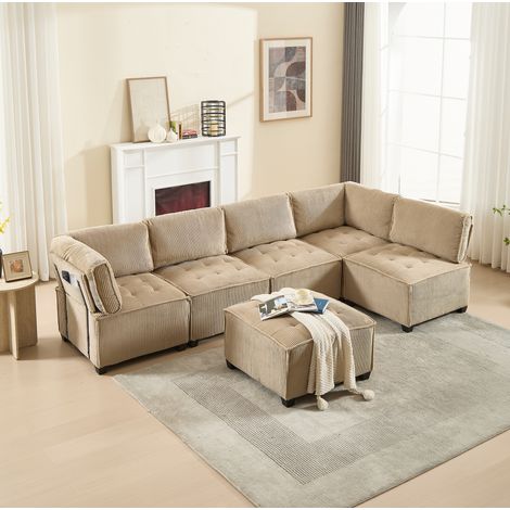 Canapé modulaire en velours côtelé kaki 308 x 154 x 81,99 cm, 6 places, convertible U/L/couchage (1/5)