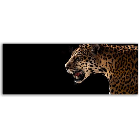 Tableau panoramique léopard sauvage fond noir art animalier (1/5)
