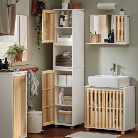 SoBuy BZR127-W Hochschrank Badezimmer Schrank Badschrank schmal Badregal Badezimmerschrank Badezimmermöbel Weiß-Natur BHT ca. 33x165x33cm
