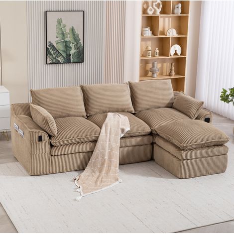 Modulares Sofa mit Hocker Cord Khaki mit Seitentaschen OKMYHOME (1/5)