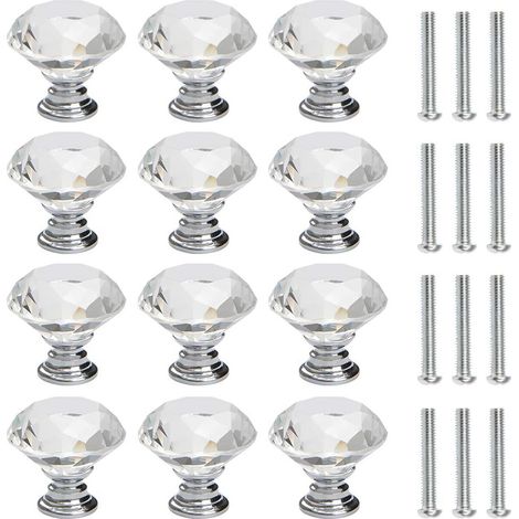 12 pcs bouton de porte commode cristal diament de 30 mm bouton de porte avec vis décoration porte armoire Tiroir meuble bouton de tiroir argent-Fei Yu (1/5)