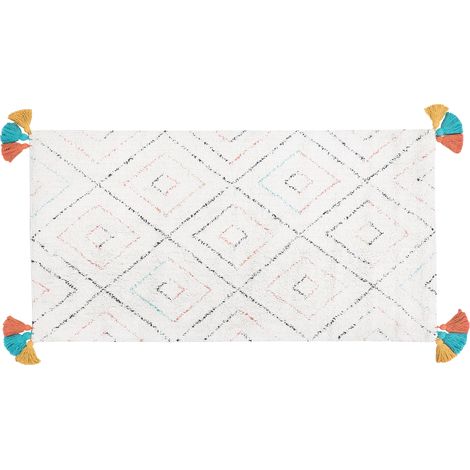 Alfombra de algodón blanco 80 x 150 cm rectangular con borlas patrón geométrico Kartal