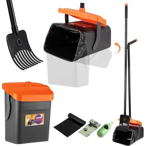 Pelle Ramasse Crottes pour Chiens, Pelle à Déjections Canines et Râteau, Pelle a Crotte Portable Kit de Ramasse Crotte et Râteau avec 35 Sacs à Déchets 117cm Poignée Longue Réglable (Orange)