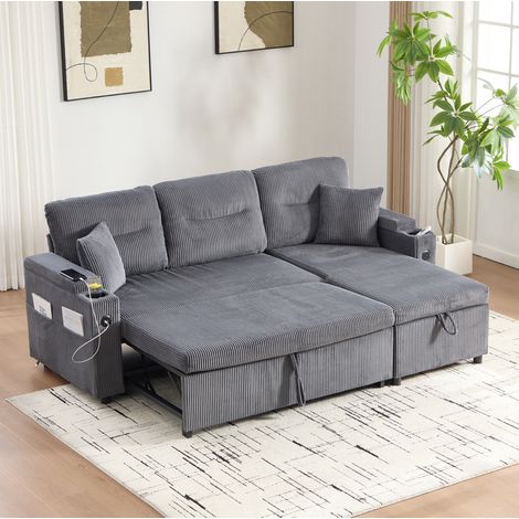 Canapé d’angle 3 places en corduroy gris anthracite, avec rangement, USB-C et lit (1/5)