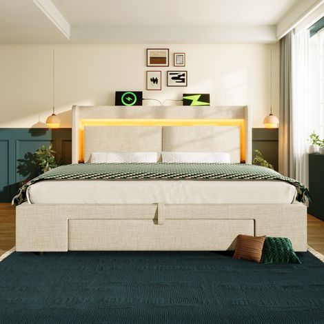Bett 160x200 Stauraum LED USB Beige Leinen OKMYHOME (1/5)