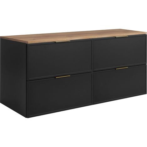 Rodan Waschbeckenunterschrank Slim 120,6 cm, Dunkelgrau, 46 x 100 x 58,6 cm, wandhängend, braune Platte, 4 Schubladen, 3 Grifffarben inklusive