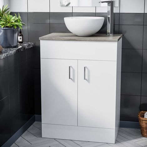 600mm White Vanity Cabinet with Oak Worktop and 320mm Round Basin  FALCON (1/5)