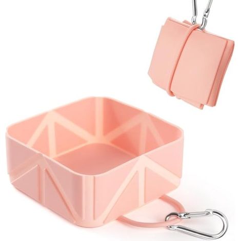 Ciotola da viaggio pieghevole in silicone da 500 ml per animali domestici con moschettone - Ciotola per cani e gatti - 10,5x10,5x4,5 cm - Rosa (1/5)