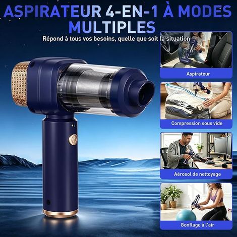Aspirateur Voiture sans Fil, Aspirateur Souffleur Portable, Moteur sans Balai 160W, Nettoyeur Multifonction pour Auto Maison Canapé (Bleu) (1/2)