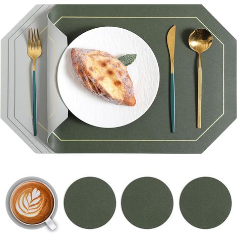Set aus 4 hitzebeständigen Tischsets aus PVC-Leder, waschbar und wasserdicht - doppelseitig - Lederaußenseite, inklusive 4 Untersetzern - rutschfest - 43 x 30 cm (grün + grau)