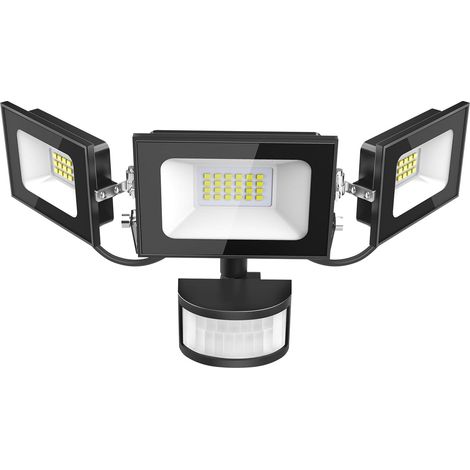 Projecteur LED Détecteur de Movement - 50W 5000LM Ultra Lumineux 3 Tête Spot LED Extérieur, IP65 Etanche Éclairage de Sécurité Extérieur PIR pour Cour Porche Jardin Garage