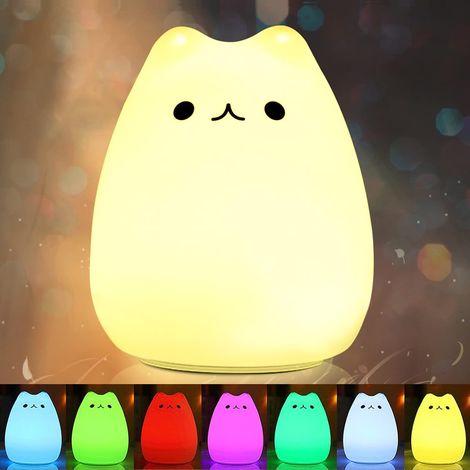 Portable LED Enfants Veilleuse enfants Multicolor lampe de chat en silicone, blanc chaud et 7 couleurs respiration, Robinet Sensibles de contrôle USB rechargeable d'éclairage (1/5)
