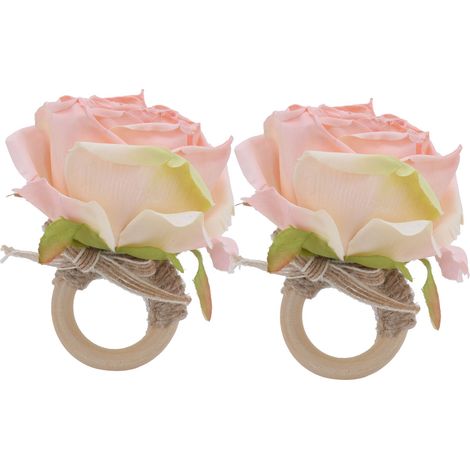 2 pièces anneaux de serviette en bois avec fleurs artificielles pour décoration de table de fête rose (1/5)