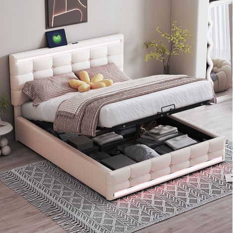 Lit rembourré 140/200 cm beige avec LED, USB et coffre de rangement (1/5)