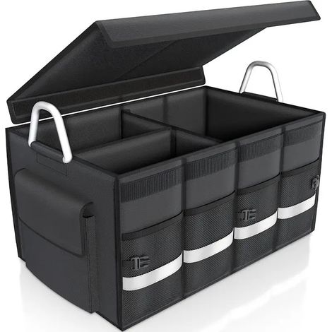 Auto Aufbewahrungsbox mit Deckel Faltbarer Aufbewahrungskorb Kofferraum Organizer mit Aluminium Griffe Abnehmbar Trennwand für Zuhause/Werkstatt/Umzug/Reisen 503530cm