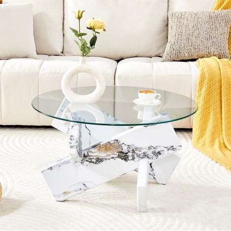 Tavolino basso rotondo 79x79x45 cm, vetro trasparente e bianco effetto marmo, MEUBLIV (1/5)