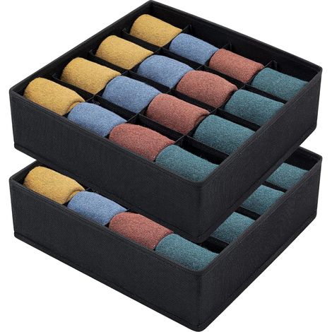 Joyoldelf 2er-Set faltbare Schubladenorganizer, Sockenaufbewahrung aus Vliesstoff, 16 Fächer, Aufbewahrungsbox für Socken, BHs, Taschentücher (Hellschwarz) (1/5)