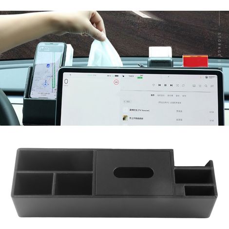 Boîte de rangement arrière pour écran de voiture, boîte à mouchoirs et support de téléphone adaptés aux Tesla Model Y 2021-2023 et Model 3 2016-2023. (1/5)