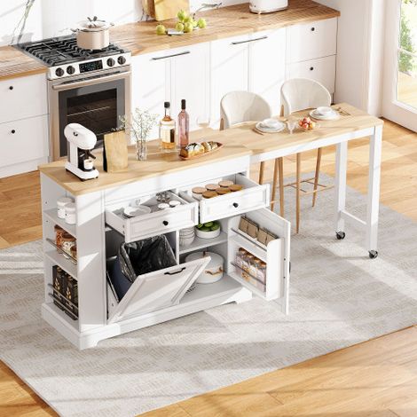 Isola cucina su ruote, isola cucina estensibile con zona pranzo, pattumiera e cassetti, isola cucina mobile indipendente, ideale per cucina e sala da pranzo (bianca) (1/5)