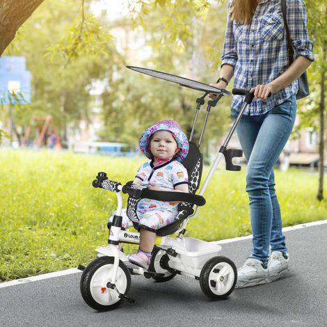 Tricycle 6-en-1 pour enfants avec barre de poussée - pour 1 à 5 ans - toit - sangle - panier de rangement - blanc - Pratique