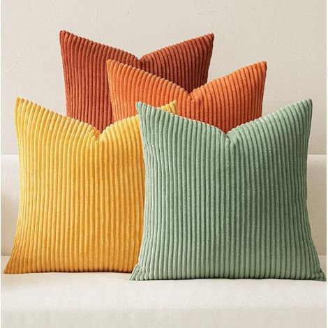 Solid Color Corduroy Bohemian Farmhouse Style Orange-Green Gradient Living Room Decor Pillowcase - 45x45 - Forest Green Caramel Color Series