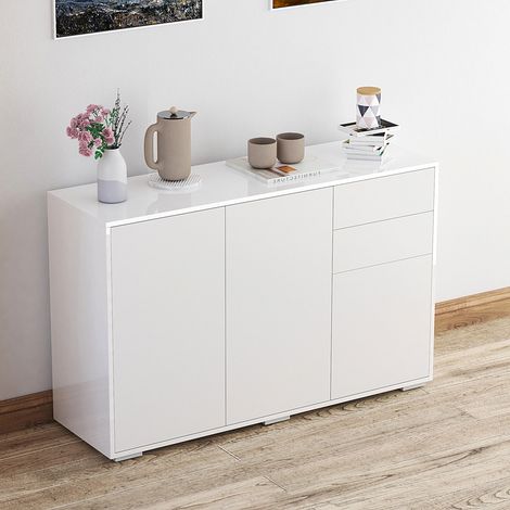 Armario multiusos para salón, cocina u oficina, con 2 cajones y 2 puertas correderas, color blanco.