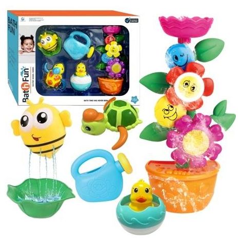 Mulino ad acqua, fiori in vaso, tartaruga, anatra, ape, set da bagno