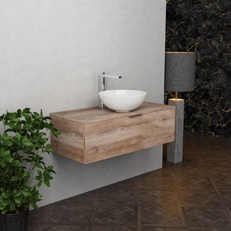 Inda - Badezimmerschrank B.100 mit Aufsatzwaschbecken / Natureiche 1 Schublade - Topazio (1/5)