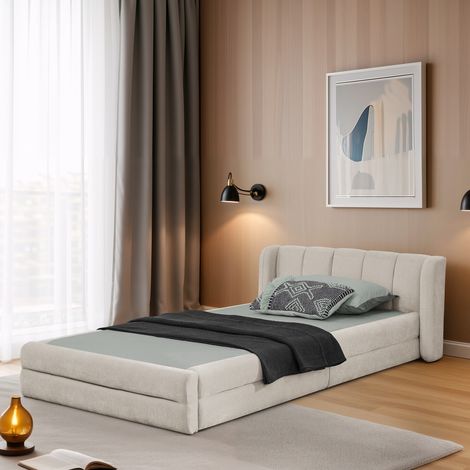 Tissu chenille beige, lit simple 90 x 200 cm avec dossier confortable, pour chambre d’enfant (1/5)