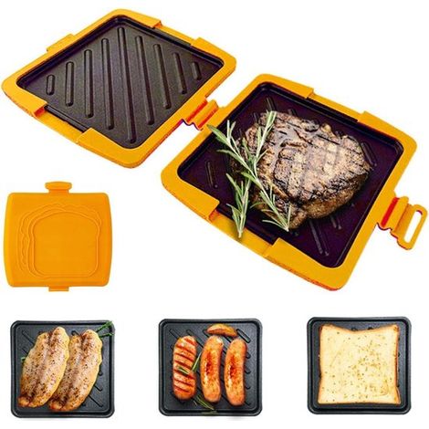 Appareil à sandwichs pour micro-ondes - Appareil à sandwichs - Plaque de cuisson - Appareil à panini - Grille-pain - À combiner avec des pinces à linge - Silicone - Orange (1/5)