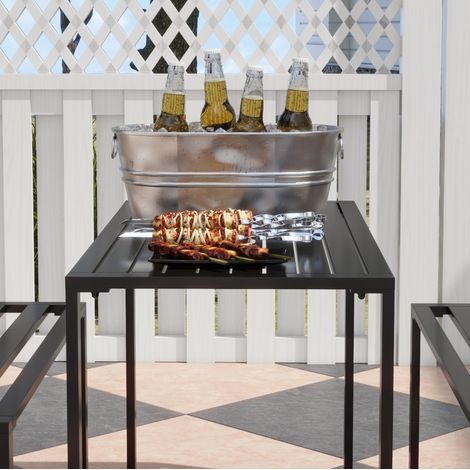 Conjunto de muebles de exterior de 3 piezas en metal negro con mesa y 2 bancos OKWISH (1/5)