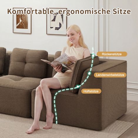 Canapé modulaire d'angle sans pieds, sofa sectionnel avec pouf pour salon, canapé 3 places en velours côtelé, assise profonde, prêt à l'emploi, marron (1/5)