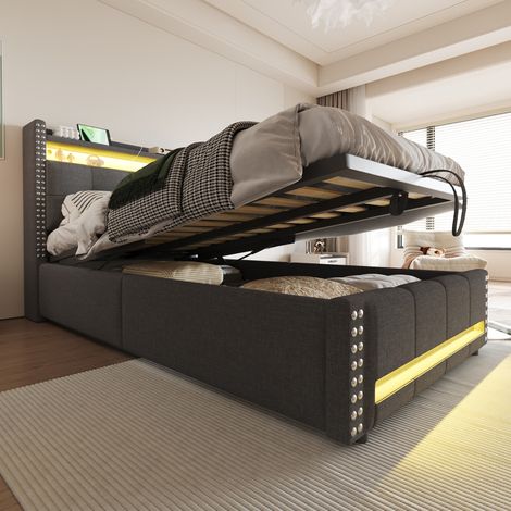 DESVIAE Lit simple enfant rembourré avec LED USB rangement tête de lit coffre hydraulique 90 x 200 cm gris (1/5)