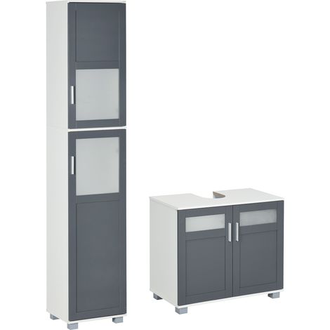 kleankin conjunto de baño juego de columna de baño y mueble para debajo del lavabo con puertas de vidrio templado 37x35x190 cm 69x35x59 cm (1/5)