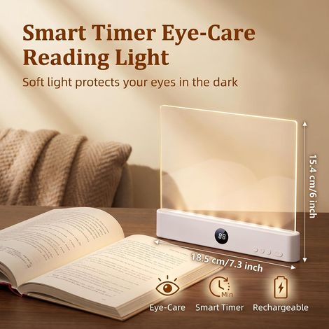 SABIR-Lampe de Lecture Plate pour Livre avec Minuterie, Panneau Lumineux Led Intelligent 3 Couleurs Intensité Réglable, Liseuse de Livre Rechargeable USB pour Lire au lit, Lampe de Chevet (Blanc) (1/4)