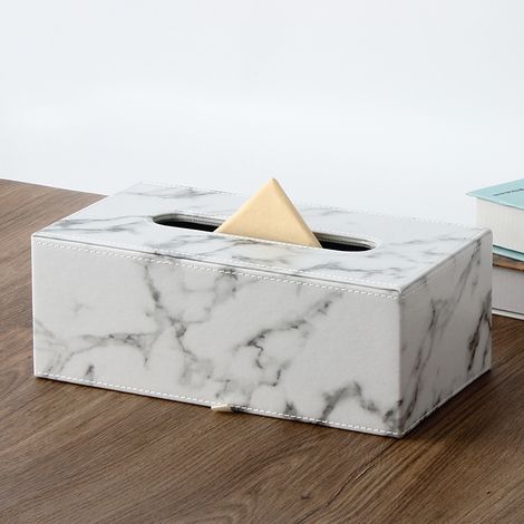 Rechteckige, weiße Marmor-Taschentuchbox mit Deckel, große Größe zur Aufbewahrung und Dekoration im Haushalt. (1/4)