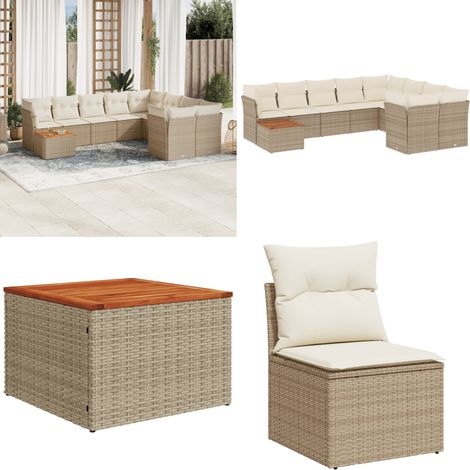 10-tlg. Garten-Sofagarnitur mit Kissen Beige Poly Rattan - Gartenmöbel Set - PE-Rattan Möbel - Outdoor Sofa - Esstisch - Lounge Garnitur - Home & Living (1/5)