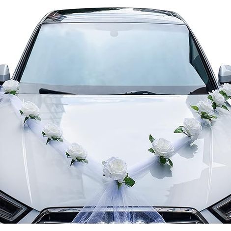 Décoration Voiture Mariage, Kit de décoration de Voiture de Mariage, Fleurs artificielles Blanches et Ruban Blanc pour Voiture de Mariage, décoration de Voiture de Mariage (1/5)