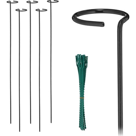 Relaxdays Supporto per Piante Rampicanti, Set da 6 Sostegni Piantine, Anello e Legacci per Rose e Fiori, 80 cm, Nero