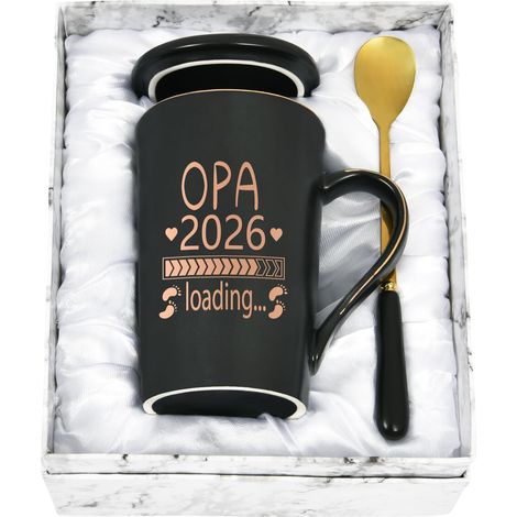 Tasse Opa 2026 Loading, Tu Vas Devenir Papy Tasse à Café, Cadeau pour les Futurs Grands-Parents pour Noël, Annonce de Grossesse, Tasse en Céramique de 400ML avec Couvercle en Marbre, Cuillère (1/5)