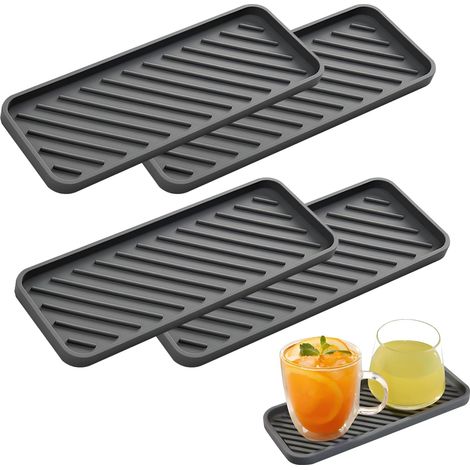 Lot de 4 tapis d'égouttement en silicone - 23 x 9 x 1,2 cm - Organiseur pour éponges, brosses à savon, tasse - Noir (1/5)