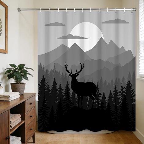 150x200cm Grey Misty Forest Deer Shower Curtain, Mountain Sunset Sunsise Natural Bathroom Decorative Curtains with Hooks Water Resistent Bathtub Supplies Washable (1/5)