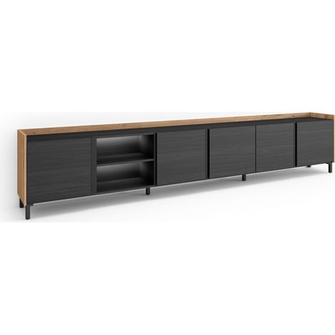 Skraut Home - TV-Schrank, Lowboard, für Wohnzimmer und Esszimmer, 309x35x61cm, Für TV-Geräte bis zu 80", Industriedesign, LED, Moderner Stil, Schwarz Eiche (1/5)